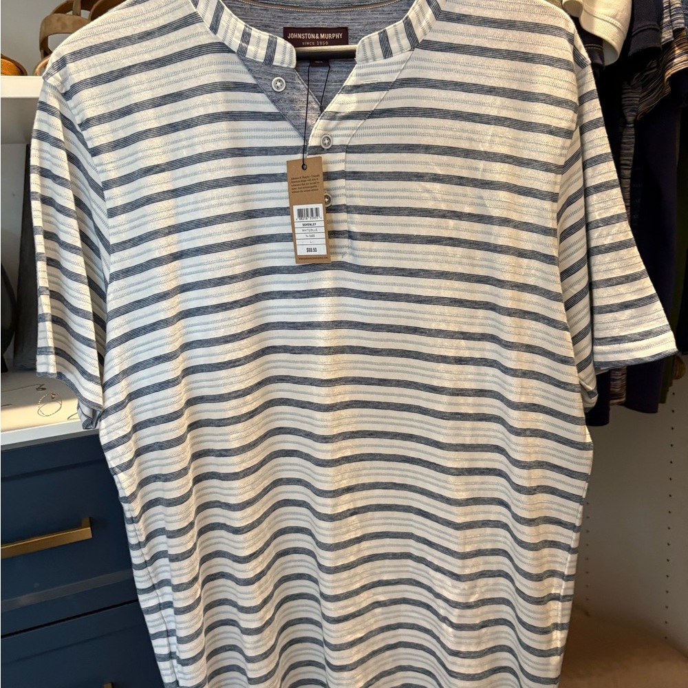 Johnston & Murphy Gray and Blue Striped Short Sleeve Tee